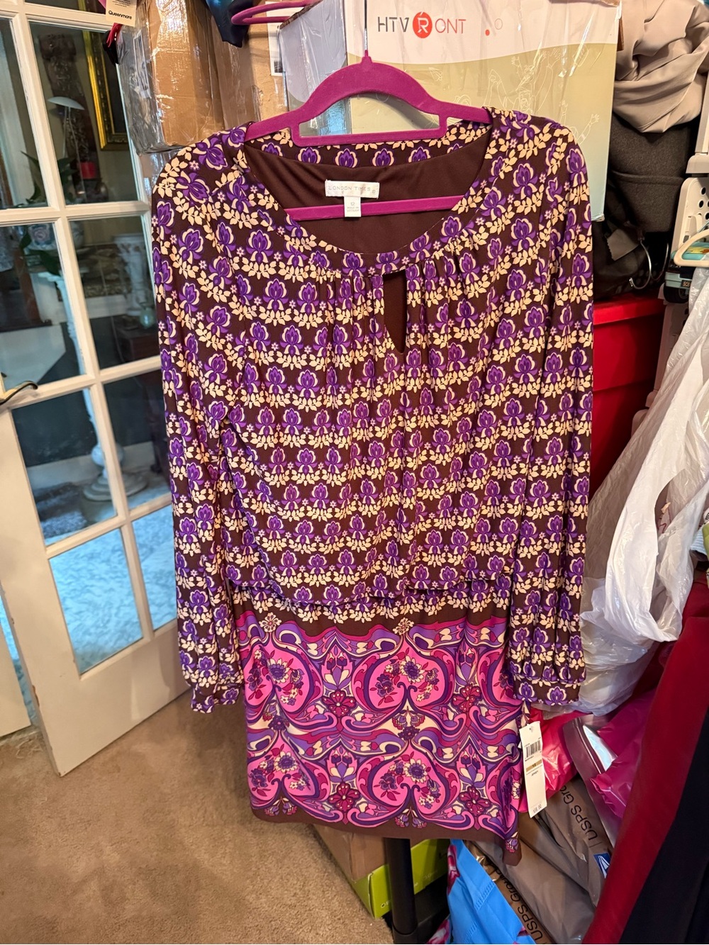 London Times Purple and Pink Printed Long Sleeve Dress